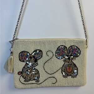 A & B American + Beyond Embellished Cream Beaded Clutch/Bag with Mouse Design